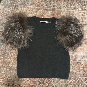 Alice + Olivia Gray Top with Faux Fur Shoulders